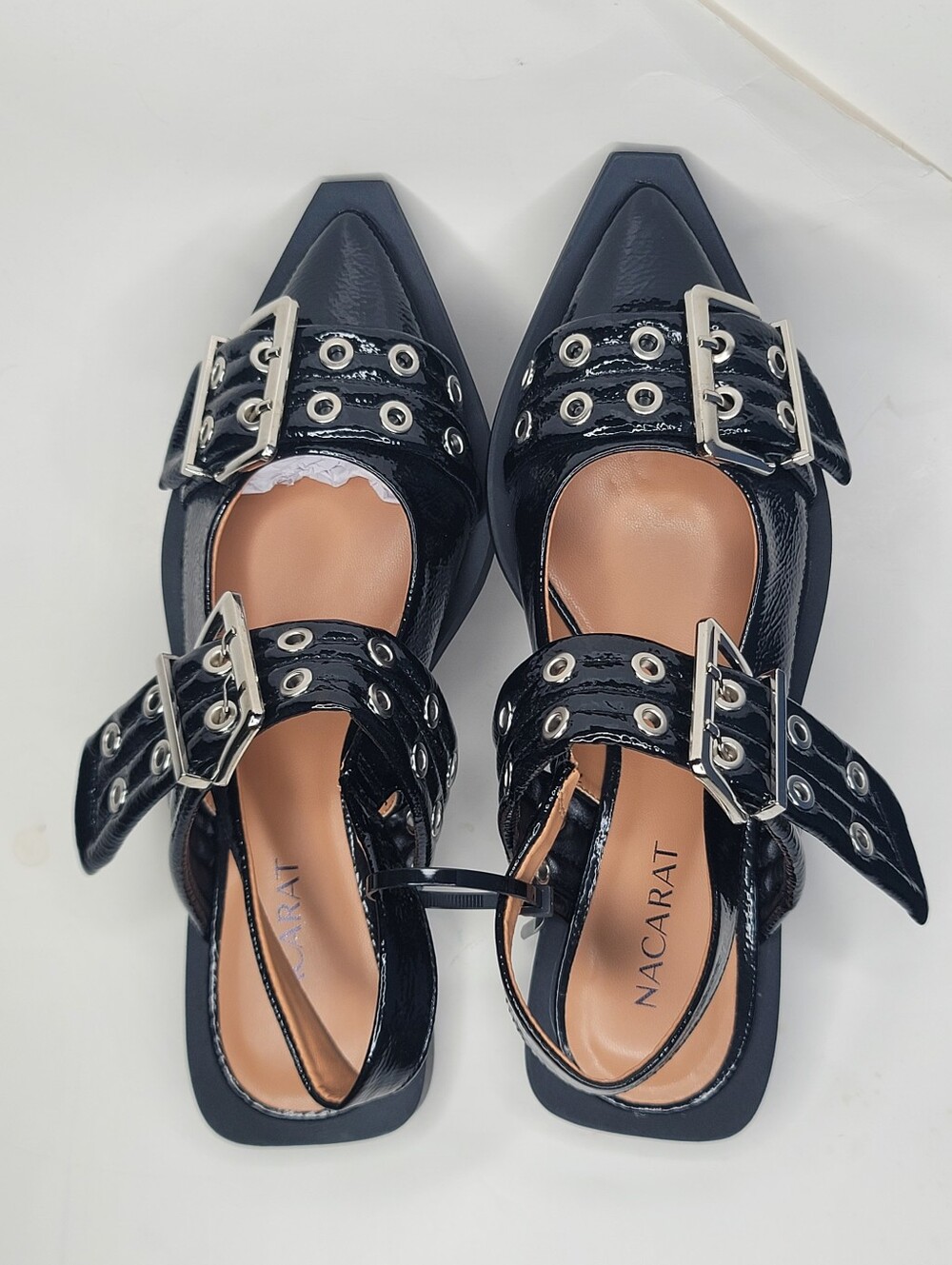 Women’s 7 Black Patent Pointed Toe Slingback Flats Buckle Grommet Shoes
